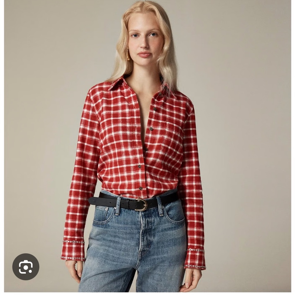 J. Crew Embellished Shrunken Button Up Plaid Top